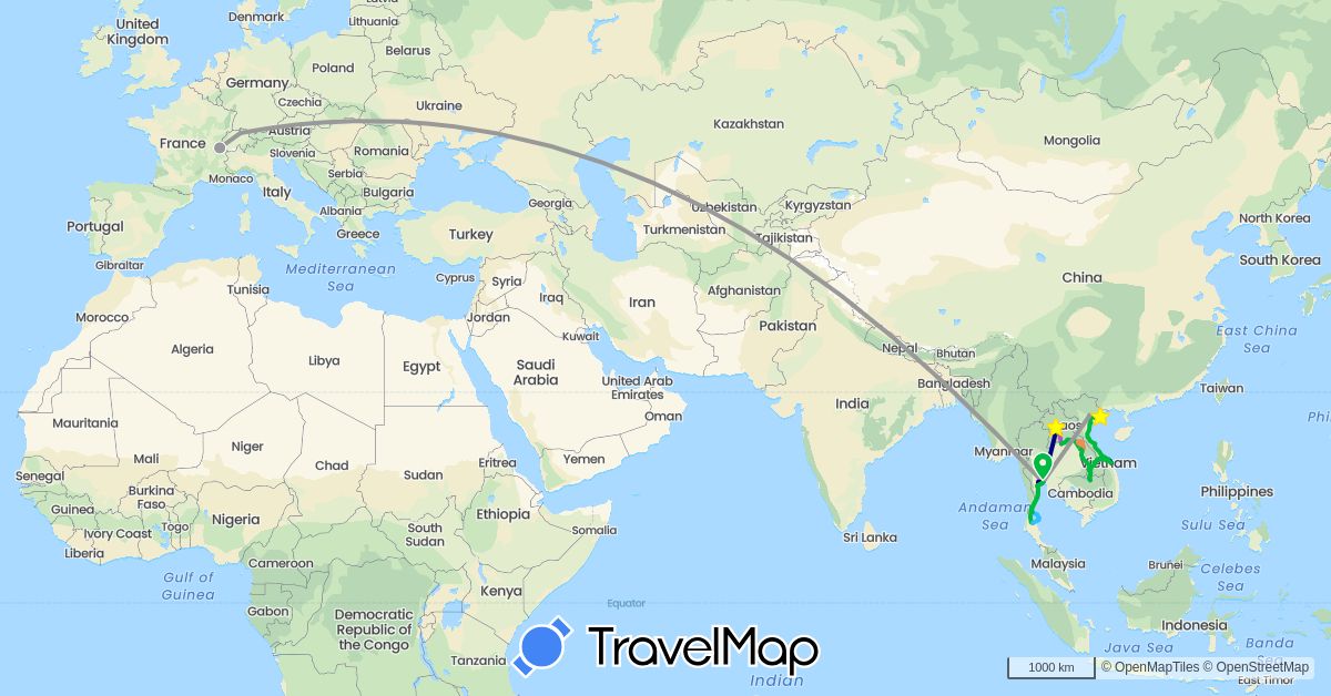 TravelMap itinerary: driving, bus, plane, cycling, train, boat, motorbike, scooter in Switzerland, Laos, Thailand, Vietnam (Asia, Europe)